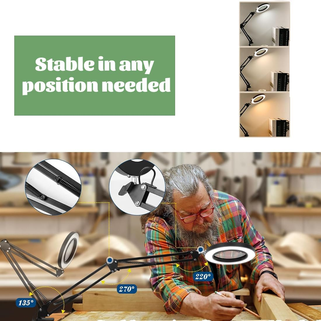 10X Magnifying Glass with Light and Stand, 3-In-1 Adjustable Swing Arm Magnifying Floor Lamp, Adjustable Color Temperature & Dimmable Lighted Magnifier Lamp with Clamp for Reading,Close Work image number 5