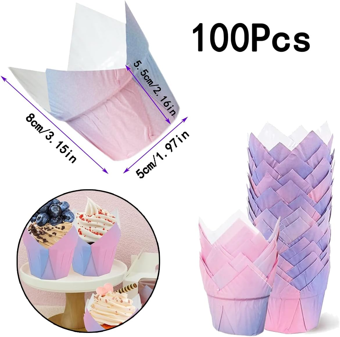 100 Pack Tulip Baking Cups for Weddings Birthdays Baby Showers - Decorative Paper Cupcake Liners for Special Occasions - Pastry Wrappers for Muffins and Cupcakes image number 3