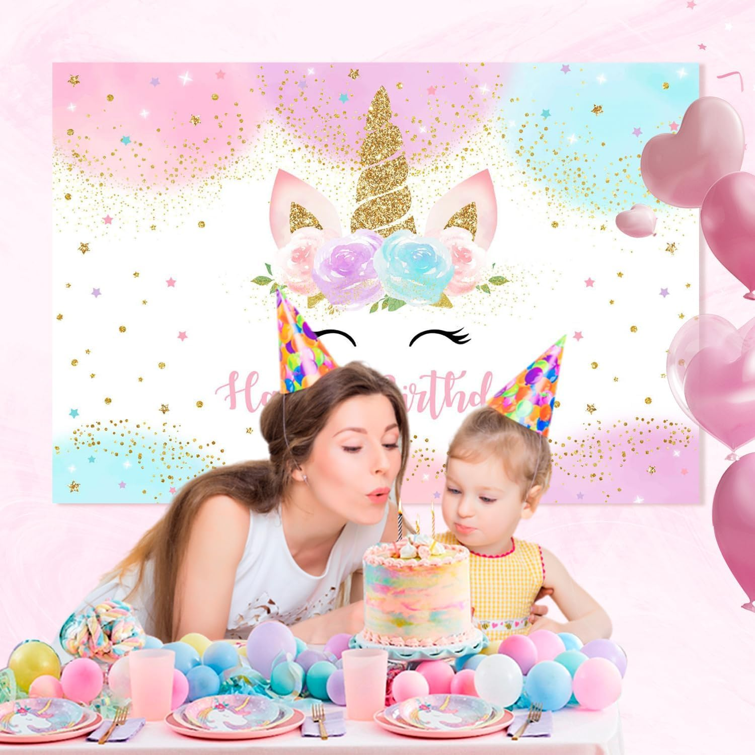 Happy Birthday Backdrop Banner Unicorn Birthday Party Backdrop, Pastel Rainbow Design with Glitter Stars, Birthday Party Photo Photography Prop Booth Background for Girls (210 * 150CM) image number 1