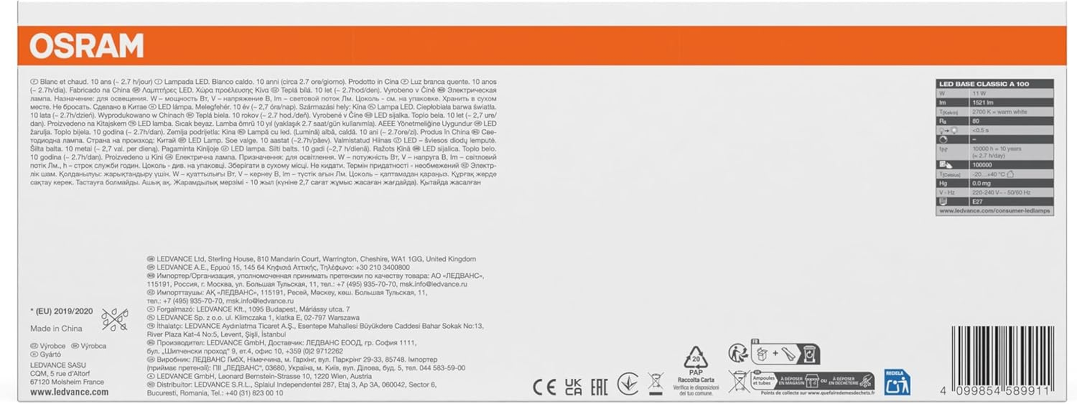 OSRAM LED Base Classic a 11 W 827 Frosted E27 image number 1