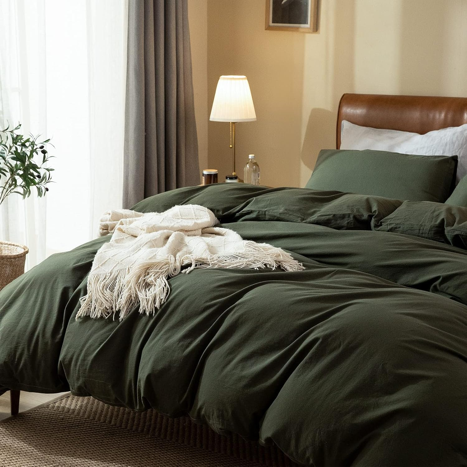 Dark Green Duvet Cover Queen, 100% Washed Cotton Linen like Textured Solid Color Casual Modern Green Bedding Set, with Zipper Closure, Luxury Soft Relaxed Feel Natural Wrinkled Comfy (3Pcs, Queen) image number 3