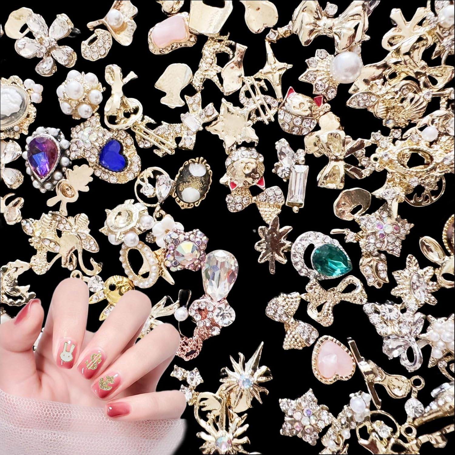 Nail Art Hearts and Bows,50Pcs Mixed 3D Gold Pearl Rhinestones Bowknot Luxury Dangle Nail Art Charms (C Mixed Pattern Gold)