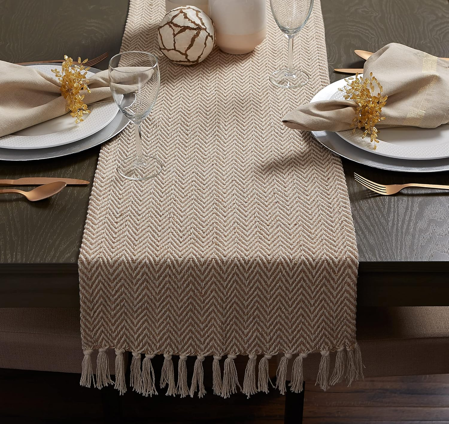DII Woven Basic Tabletop Collection, Chevron Table Runner, 15X108, Stone image number 4