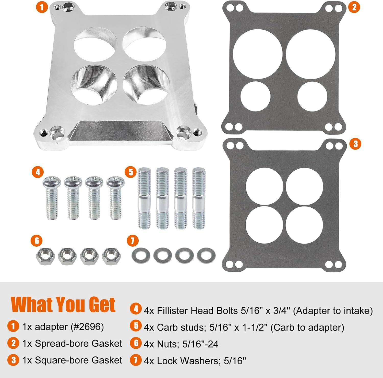 Edelbrock Carburetor Adapter 2696, Aluminum Carburetor Carb Spacer Plate 0.85 Inch, Square Bore to Spread Bore Carburetor Adapters Kits for Stock Quadrajet & Thermo-Quad Manifold with Flange Gaskets image number 5