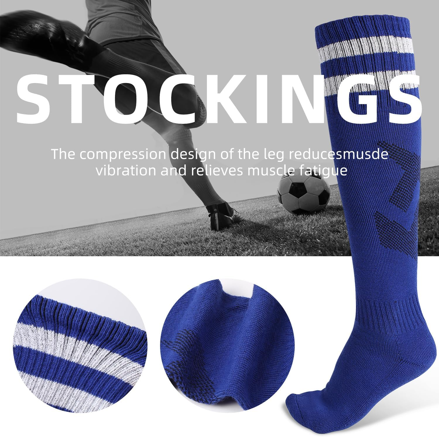 3 Pairs Soccer Socks, Sport Knee High Socks Calf Compression Athletic Socks for Adult Men and Women Football, Running - Style 1-3 Pairs image number 3