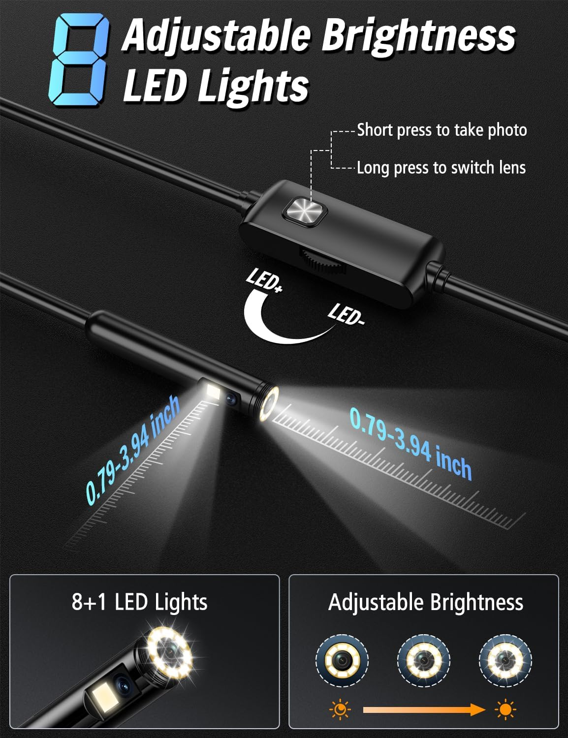 Dual-Lens Endoscope Inspection Camera, 1920P HD Ferdiiz Borescope Camera, 16.4Ft Semi-Rigid Snake Cable, 8 Adjustable Leds, IP67 Waterproof Drain Pipe Endoscope Cool Gadgets Tool for Ios9+ Android 6+ image number 6