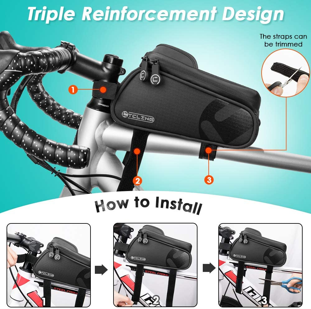 WOTOW Bike Frame Bag with Phone Holder, Waterproof Bicycle Front Top Tube Pouch Bike Phone Mount Pack Cycling Handlebar Bag with TPU Touch Screen Sun Visor and Headphone Hole for Smart Phone up to 6.5 image number 5