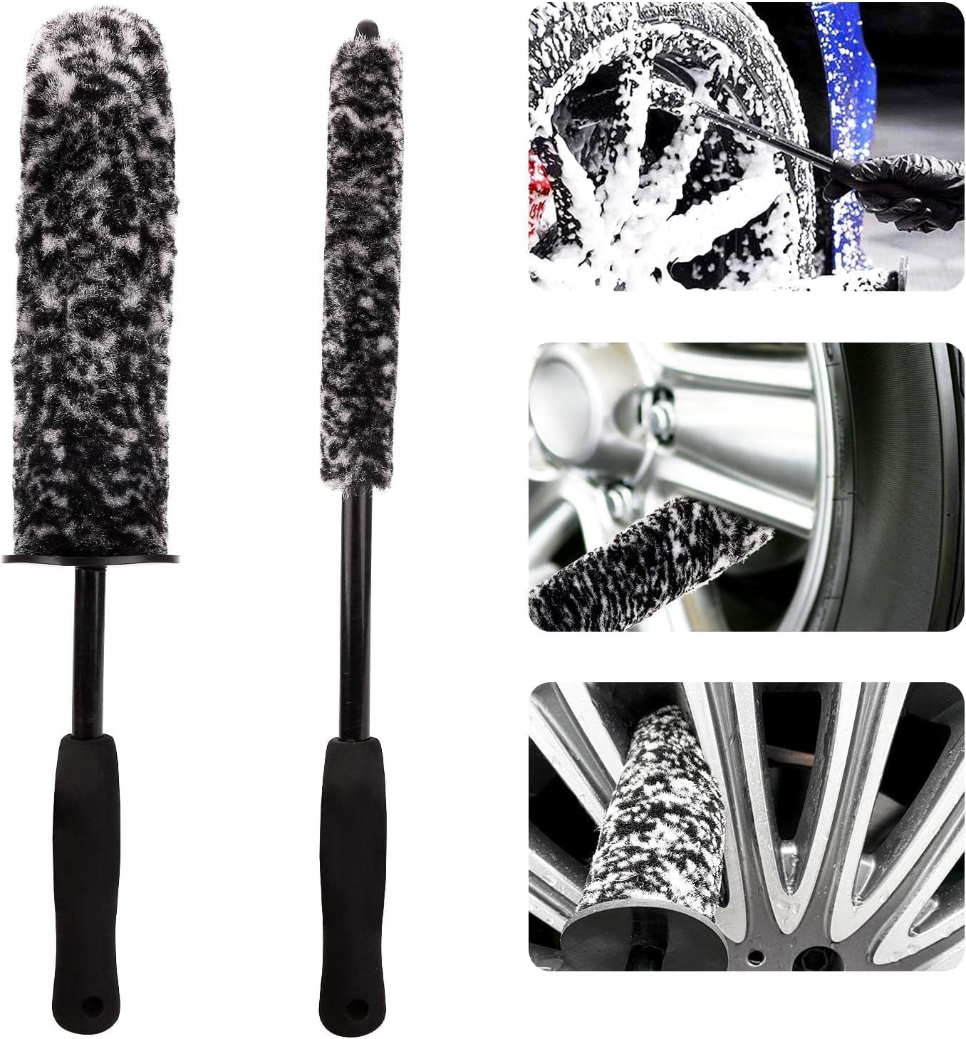 Homiliky 2 Pcs Car Wheel Brushes and Rim Cleaning Brush Long Handle Vehicle Kit Microfiber Hub Different Size Detailing Set Bendable Tire Brush (BLACK&WHITE) image number 2