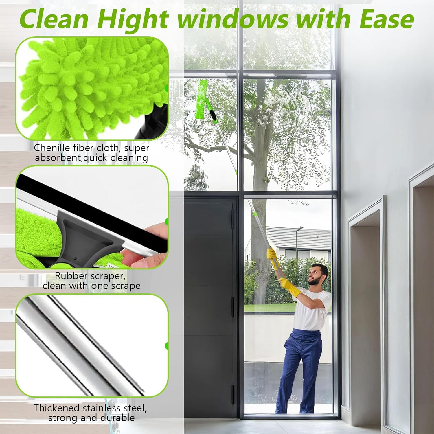 4.5M Window Cleaning Kit, Extra Long 2-In-1 Extendable Window Cleaning Equipment with Microfiber Cloth Squeegee Strips for High Windows, Walls & Cars image number 4