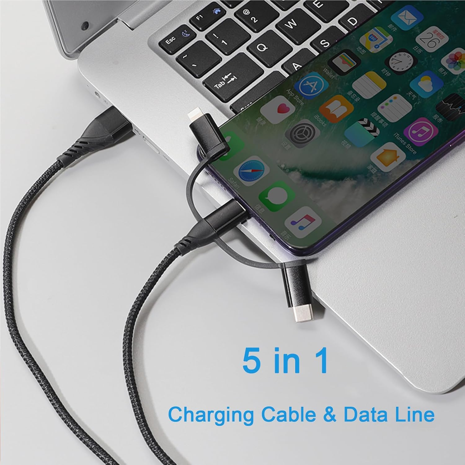 Multi Charging Cable, USB A/USB C Multiple Charger Cable Braided 5 in 1 Fast Charging Cord with Type-C/Micro USB/IP Port for Phone 16 15 14 13 12 11 Samsung Galaxy Tablets Android and More- 1M - White image number 4