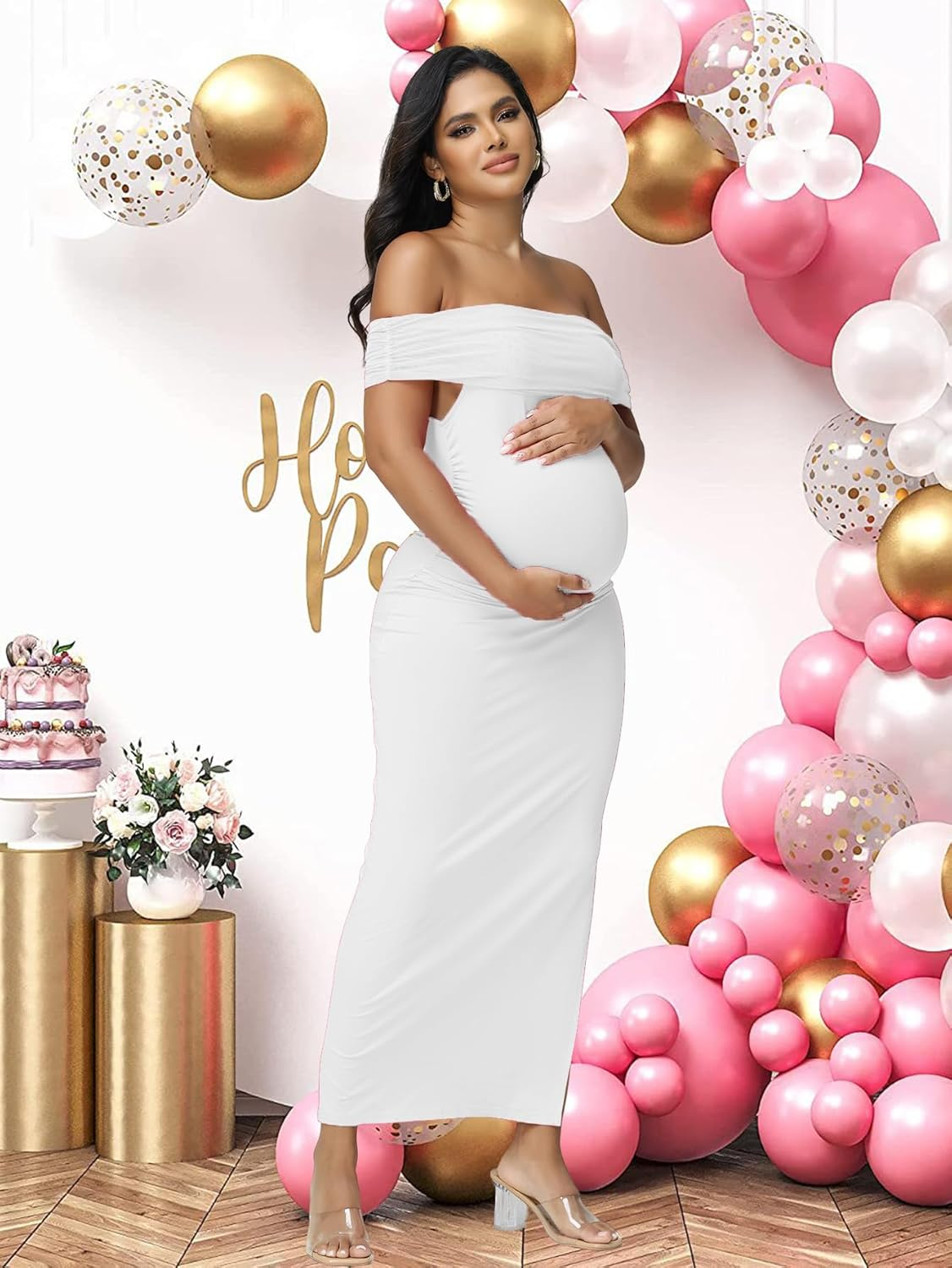 Justvh Women'S Maternity Mesh off Shoulder Sleeveless Split Party Midi Dress for Baby Shower Photoshoot Gown image number 5