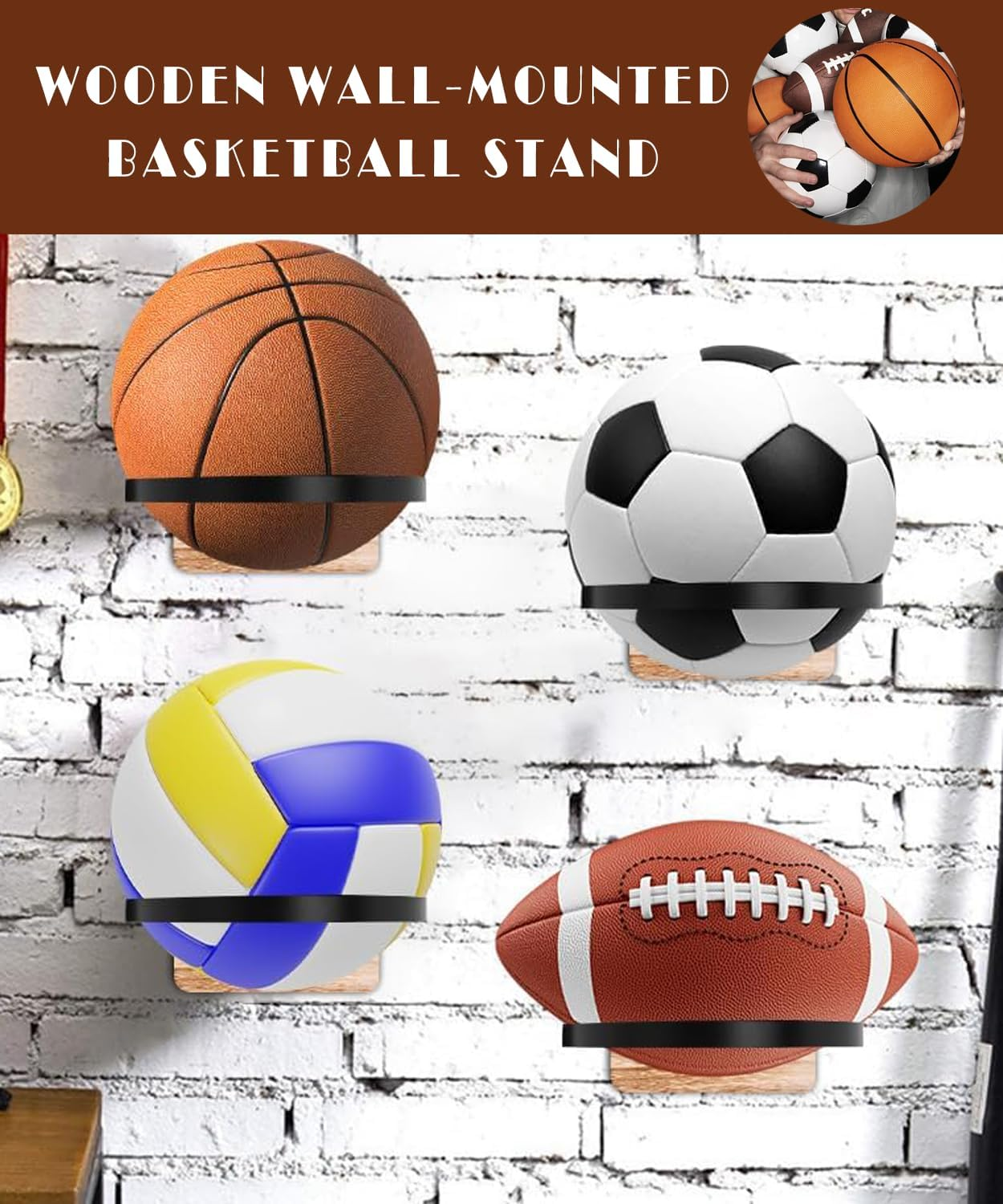 4 Pack Wall Mount Basketball Holder with Wood Base &ndash; Ball Display Rack for Basketball, Football, Soccer, Volleyball &ndash; Sports Ball Storage Organizer for Athletes & Fans image number 3