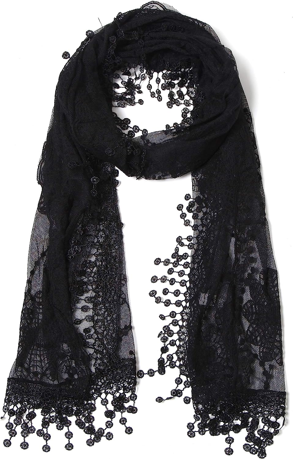 Women'S Lightweight Feminine Lace Teardrop Fringe Lace Scarf Vintage Scarf Mesh Crochet Tassel Cotton Scarf for Women