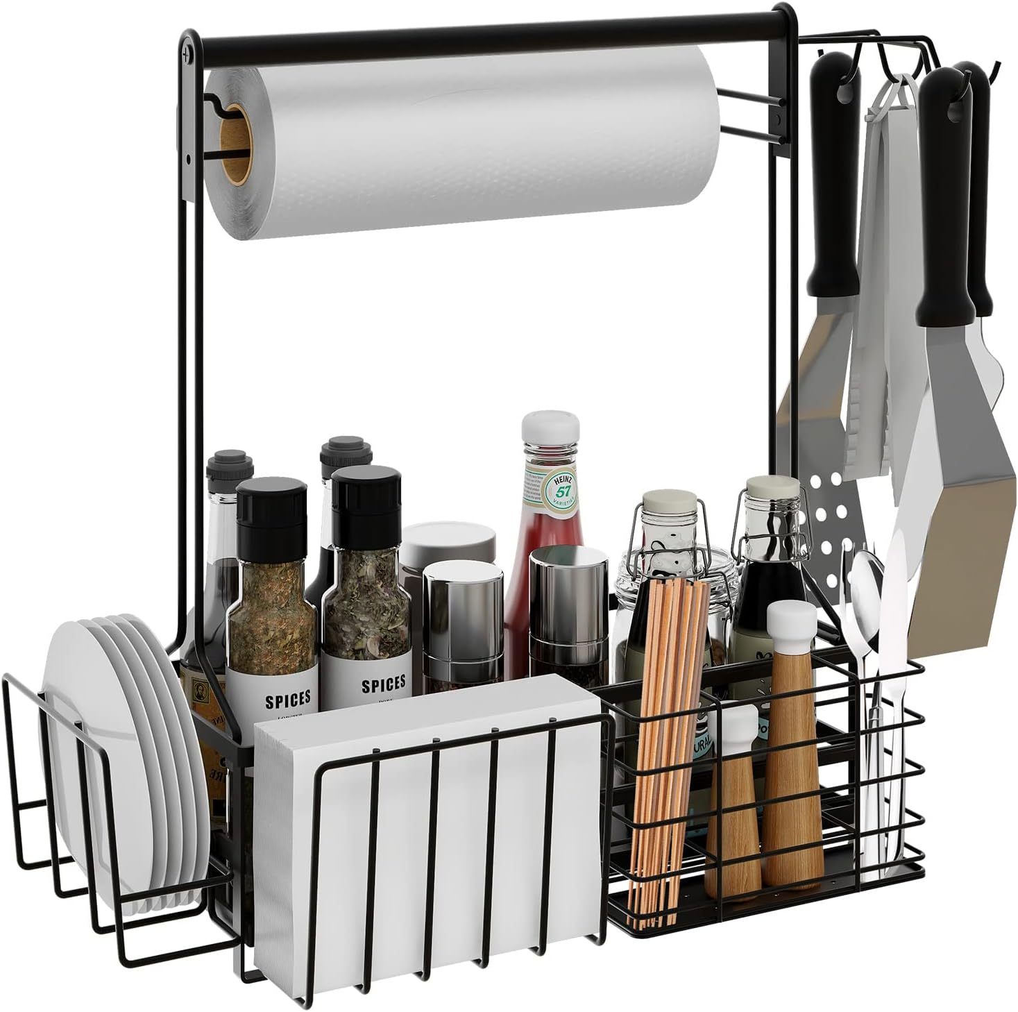 ZDDLOINP Grill Caddy with Paper Towel Holder, Plate Cutlery & Flatware Organizer, Picnic Condiment Caddy with 4 Hooks for Outdoor Barbecue Accessories