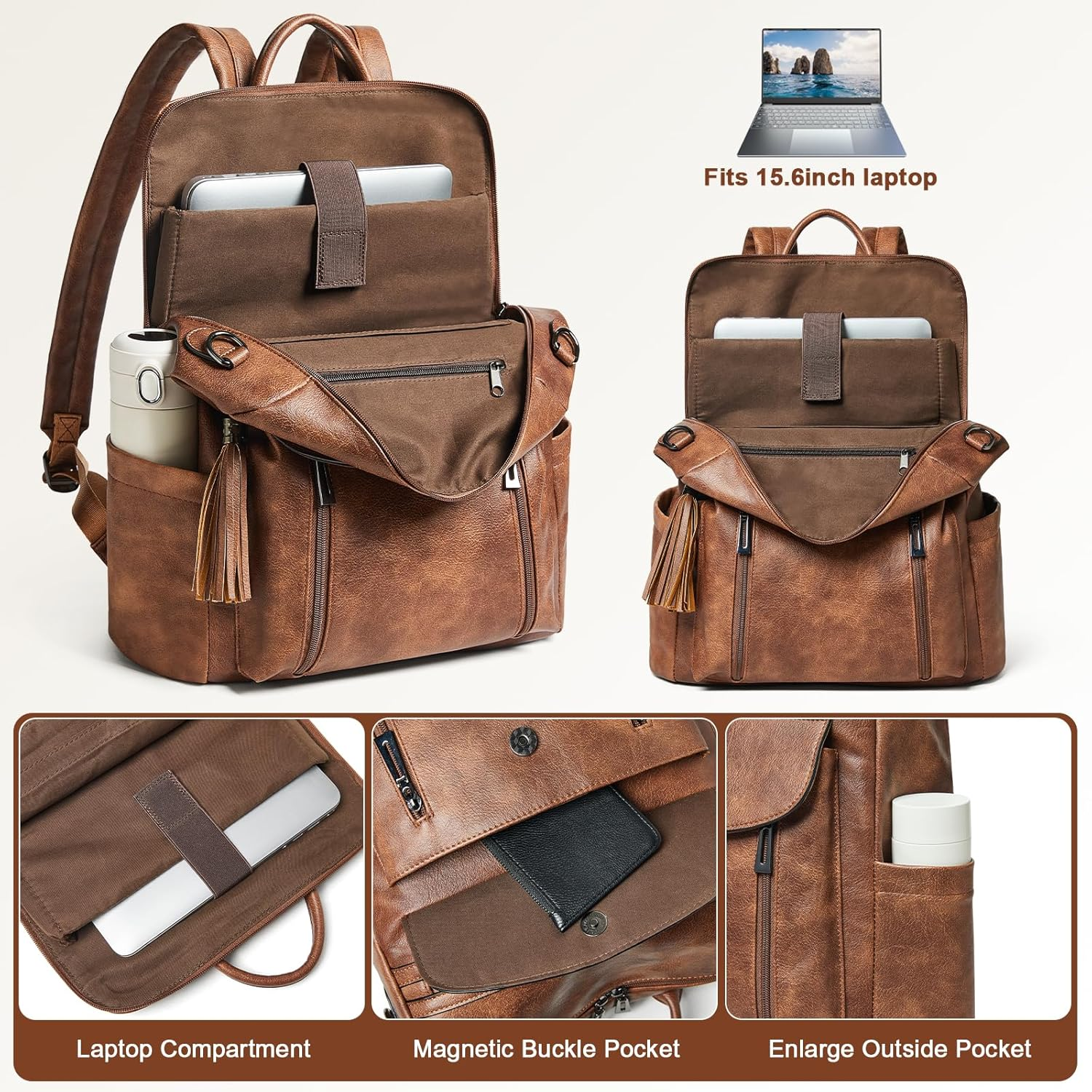 Shrrie Laptop Backpack for Women 15.6 Inch,Travel Leather Backpack Purse Nurse Teacher Carry on Backpack - Two-Tone Black image number 4