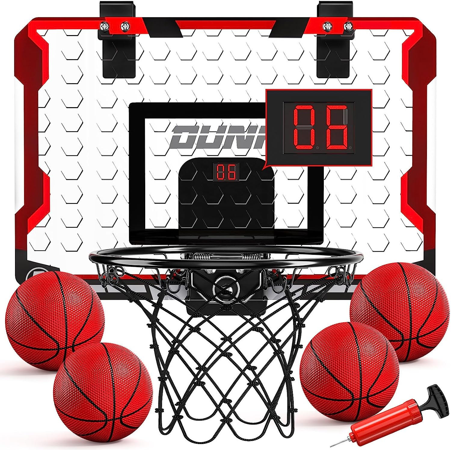 TEMI Indoor Basketball Hoop, Kids & Adults over the Door Hoop with 4 Balls, Electronic Scoreboard, Breakaway Rim, Red, Aluminium & Acrylic