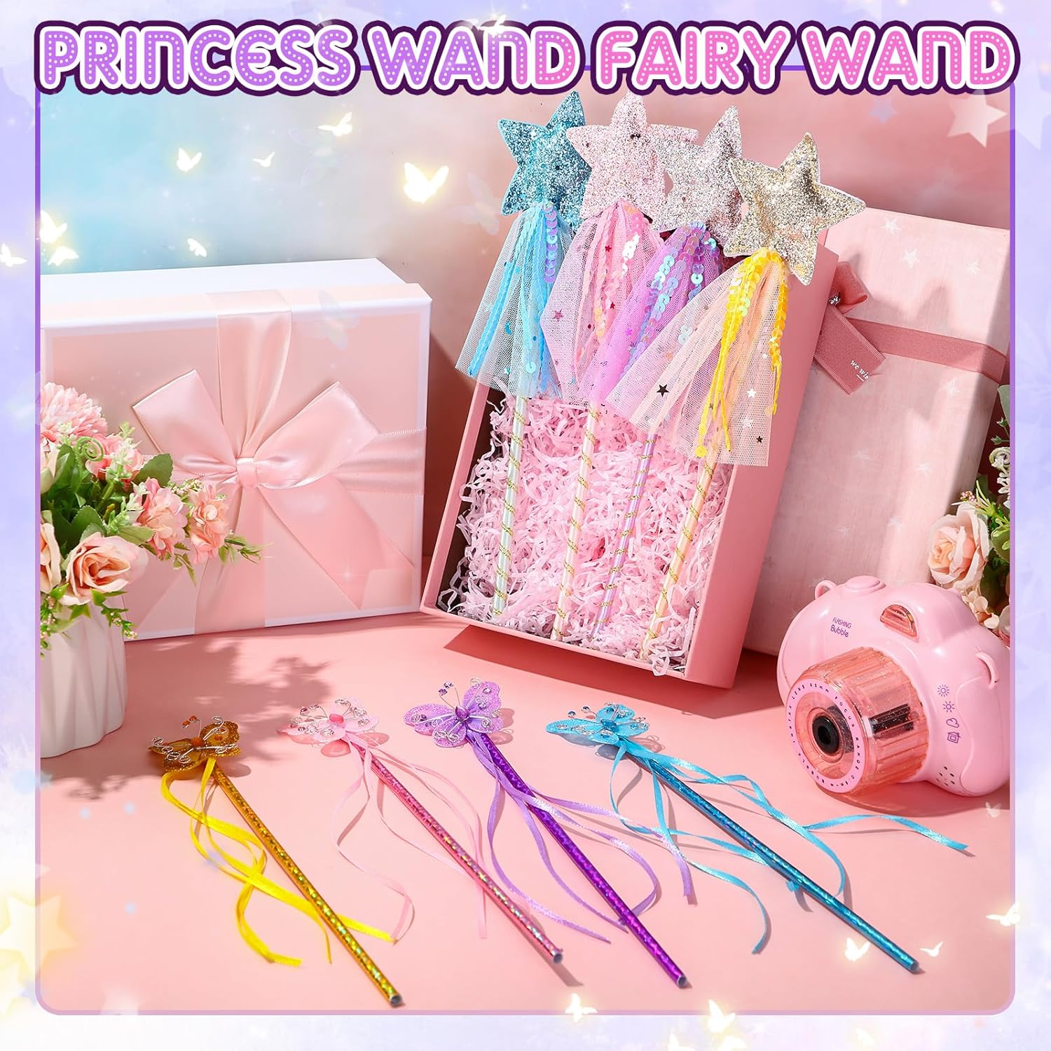 Janinka 24 Pack Glitter Princess Wand Kit for Kids Glitter Magic Dress up Wand Fairy Wand with Ribbon for Birthday Wedding Princess Dress up Role Play Party Supply Favor(Star,Butterfly) image number 5