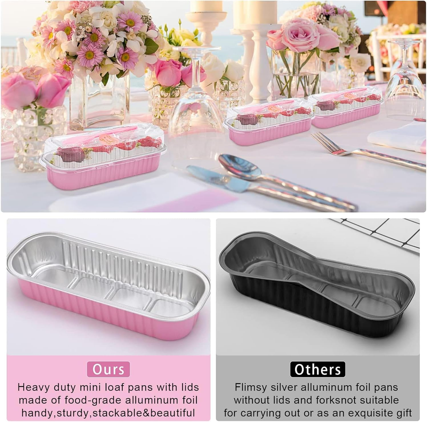 100 Pack Mini Loaf Pans with Lids and Spoons Sealing Sticker, 200Ml Mini Cake Pans for Baking, Aluminum Foil Loaf Pans, Pink Mini Loaf Baking Pans, Small Cake Containers with Lids image number 5