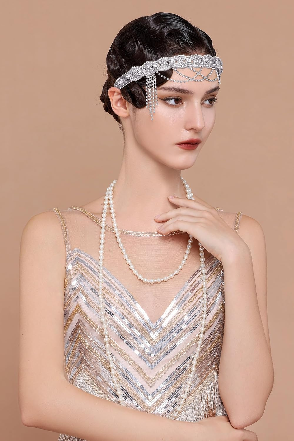 BABEYOND Flapper 1920S Gatsby Headband -20S Vintage Rhinestone Hair Accessories Wedding Prom Hair Chain Headpices for Women Silver image number 6