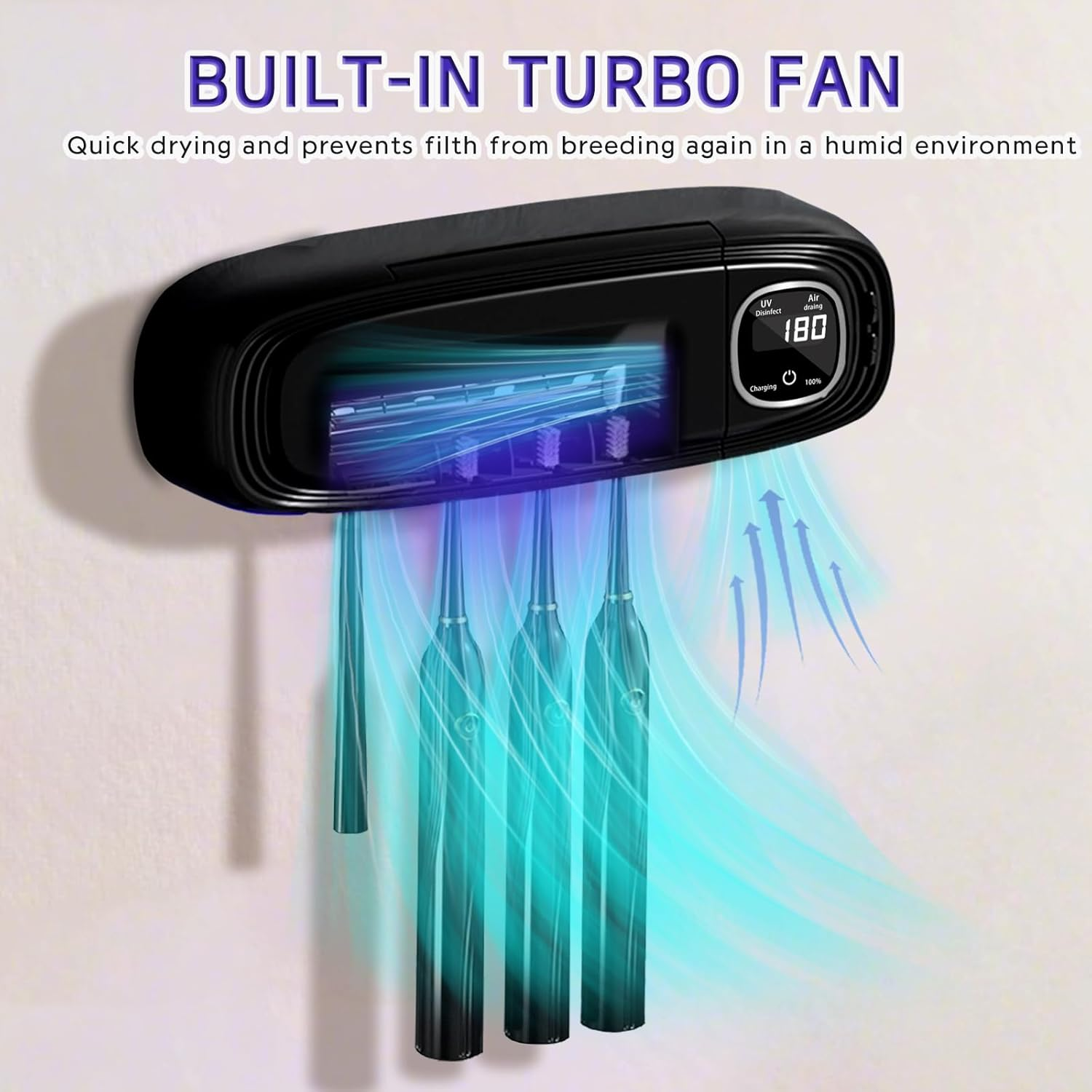 Toothbrush Sanitizer and Holder, UV Toothbrush Holder with Air Drying Function, Rechargeable LED Tooth Brush Holder Wall-Mounted for Bathroom, Timer Function, No Drilling, 4 Slots (Black)