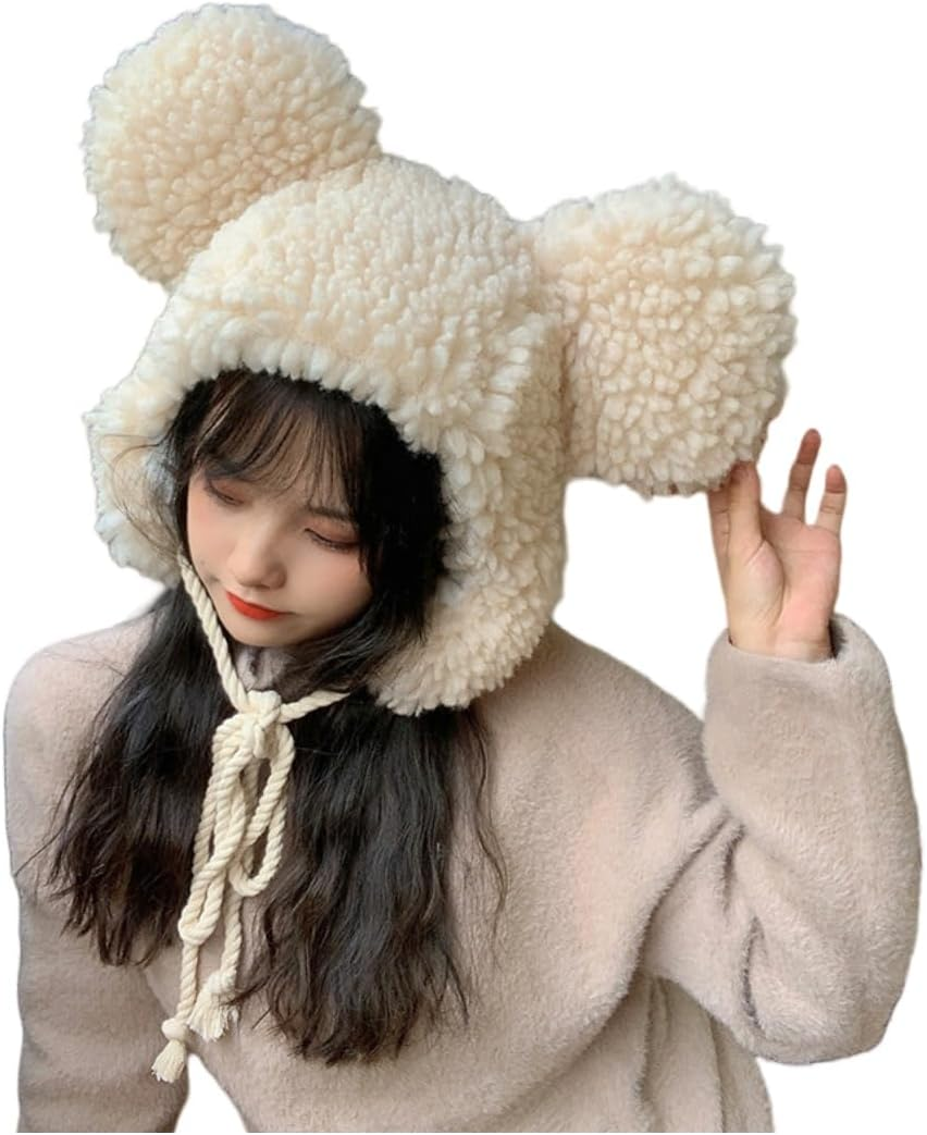 Women Earflap Hat Faux Fur Fuzzy Winter Cap Animal Cap with Ear Flaps Ushanka Cute Bear Plush Beanie for Girls Women Adult image number 2