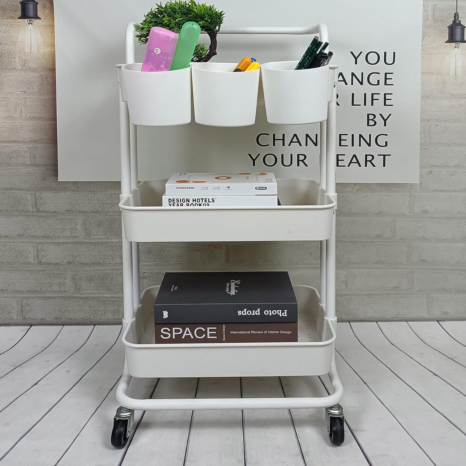 3 Tier Utility Rolling Cart Storage Organizer Shelf Multifunction Rack with 3PCS Hanging Cups for Home Office Kitchen Bathroom Store (3Pcs Cups White) - Black image number 2