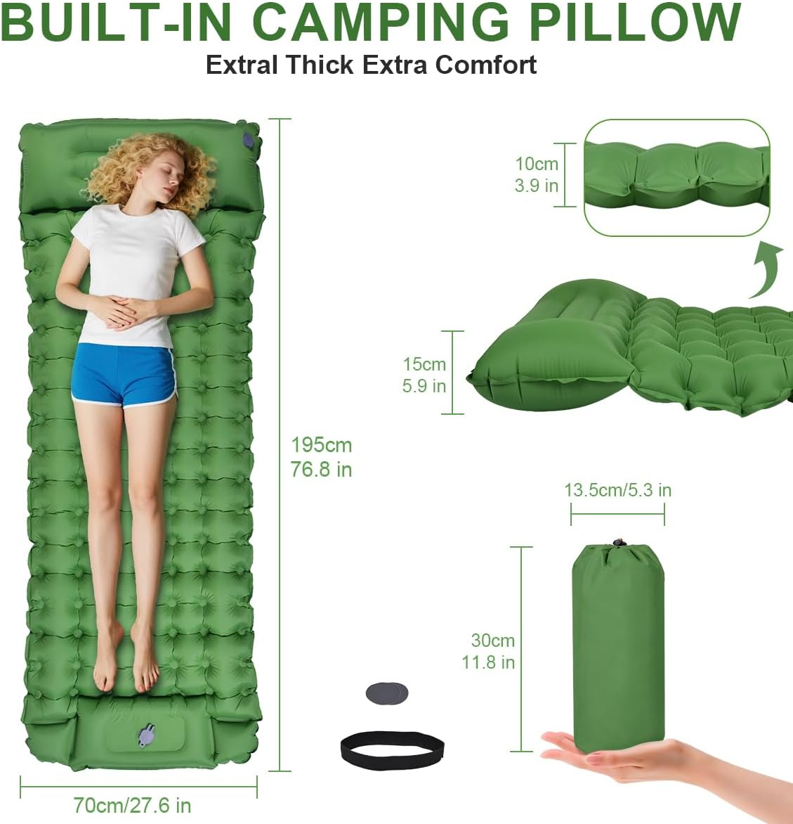 Camping Sleeping Pad, 10Cm Thick Self Inflating Camping Sleeping Mat Air Mattresses with Pillow Inflatable Mattress, Built-In Foot Pump Mat Bed Camping & Hiking Equipment image number 3
