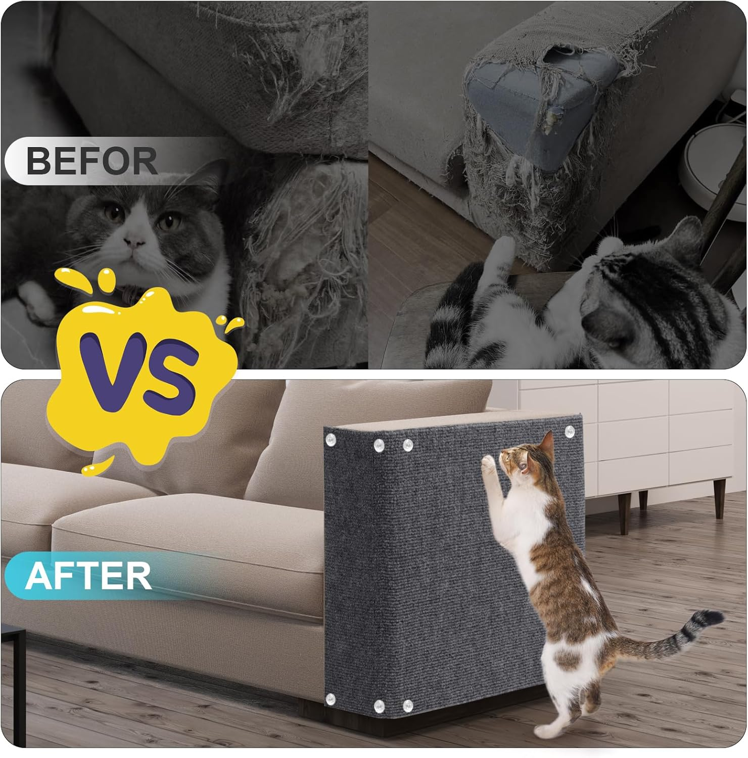 Uross Cat Scratching Mat -254Cmx40Cm Cat Couch Protector Adhesive Scratch Furniture Protector for Pets DIY Self Scratching Mat for Tree Shelves Post Wall - Lightgrey