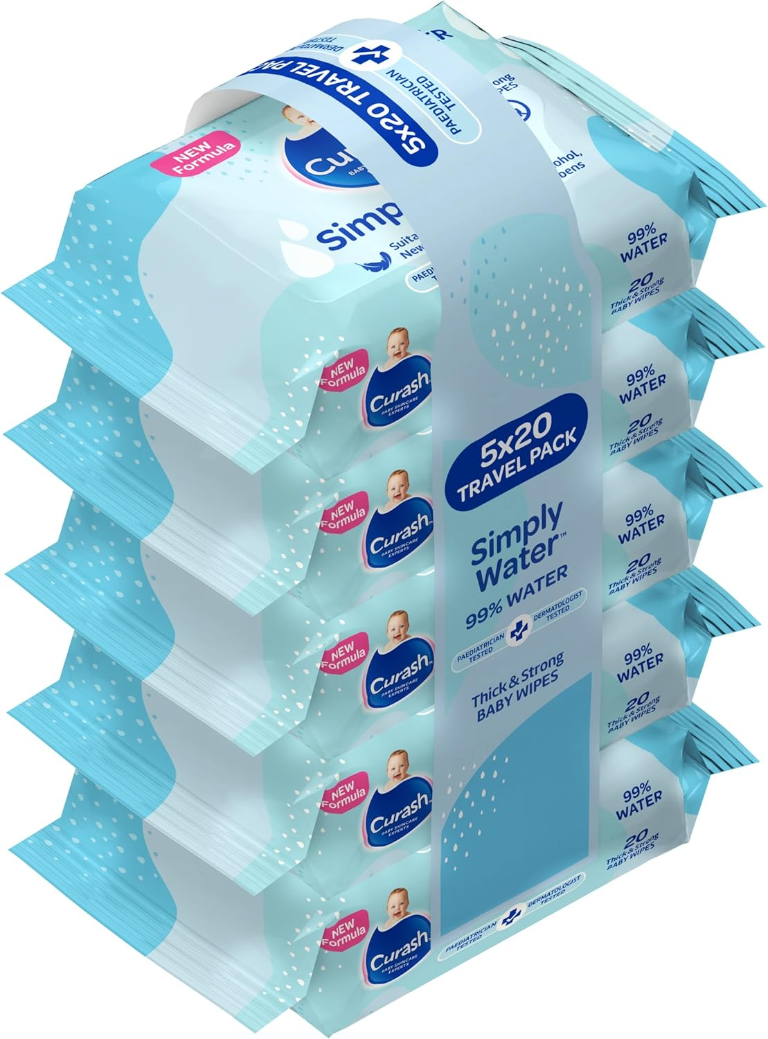 Curash Simply Water Baby Wipes, 5X20 Pk, Thick & Soft Texture, 99% Purified Water with No Soap, Alcohol or Parabens, Suitable for Newborns, Everyday Cleansing & Nappy Changes, Travel Size, 100 Wipes image number 1