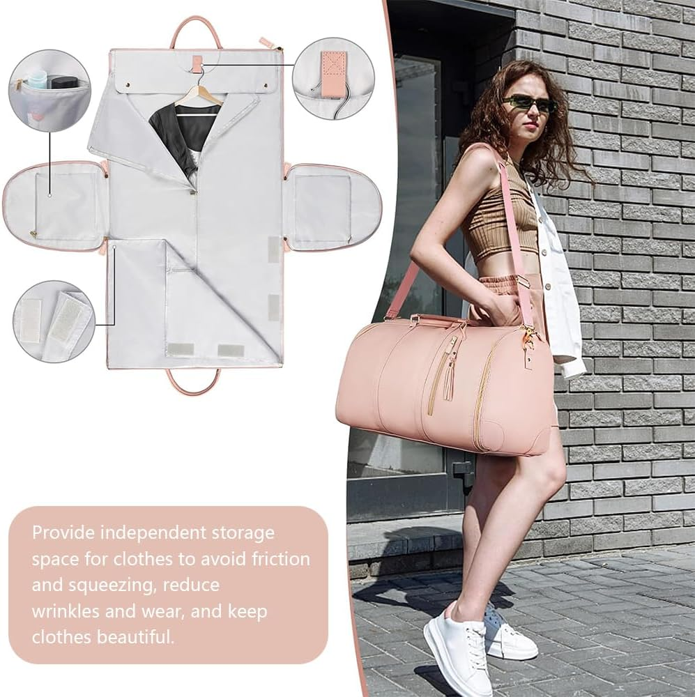 Convertible Garment Duffle Bag for Travel, 3-In-1 Carry on Foldable PU Leather Weekender with Shoe Pouch, Pink