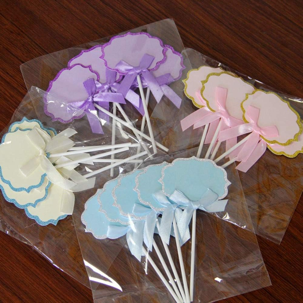 AKOAK 10 Pieces Baby Shower Pink Ribbons Bow Cupcake Toppers, Birthday Party Favors Cake Decoration,5 Pcs Blank and 5 Pcs Printed"Happy Birthday" image number 3