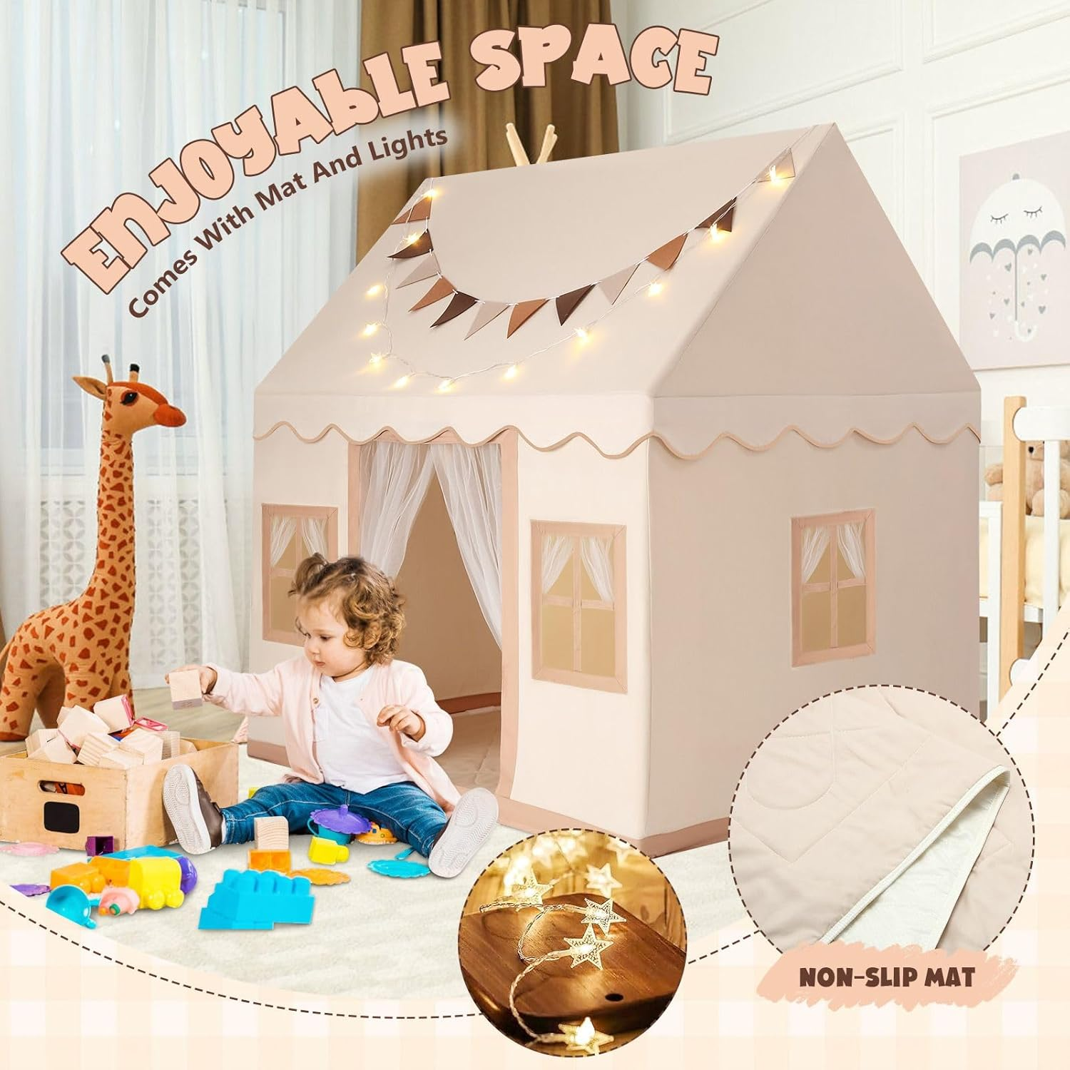 KIDBOT Kids Play Tent, Large Playhouse for Kids, with 3 Breathable Windows, Star Lights & Flag Banner Included, Toddler Tent for Boys & Girls, Beige