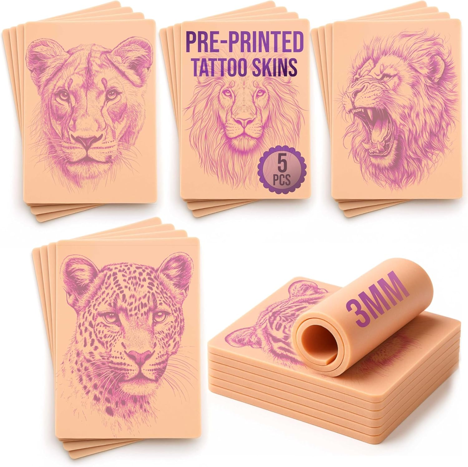 Stencil Skins Pre Printed Tattoo Stencils Skin for Practice Set of 5 Feline Designs, 3Mm Silicone Fake Skin Tattoo Second Skin, Practice Shading, Line Work Realistic Big Cat Set