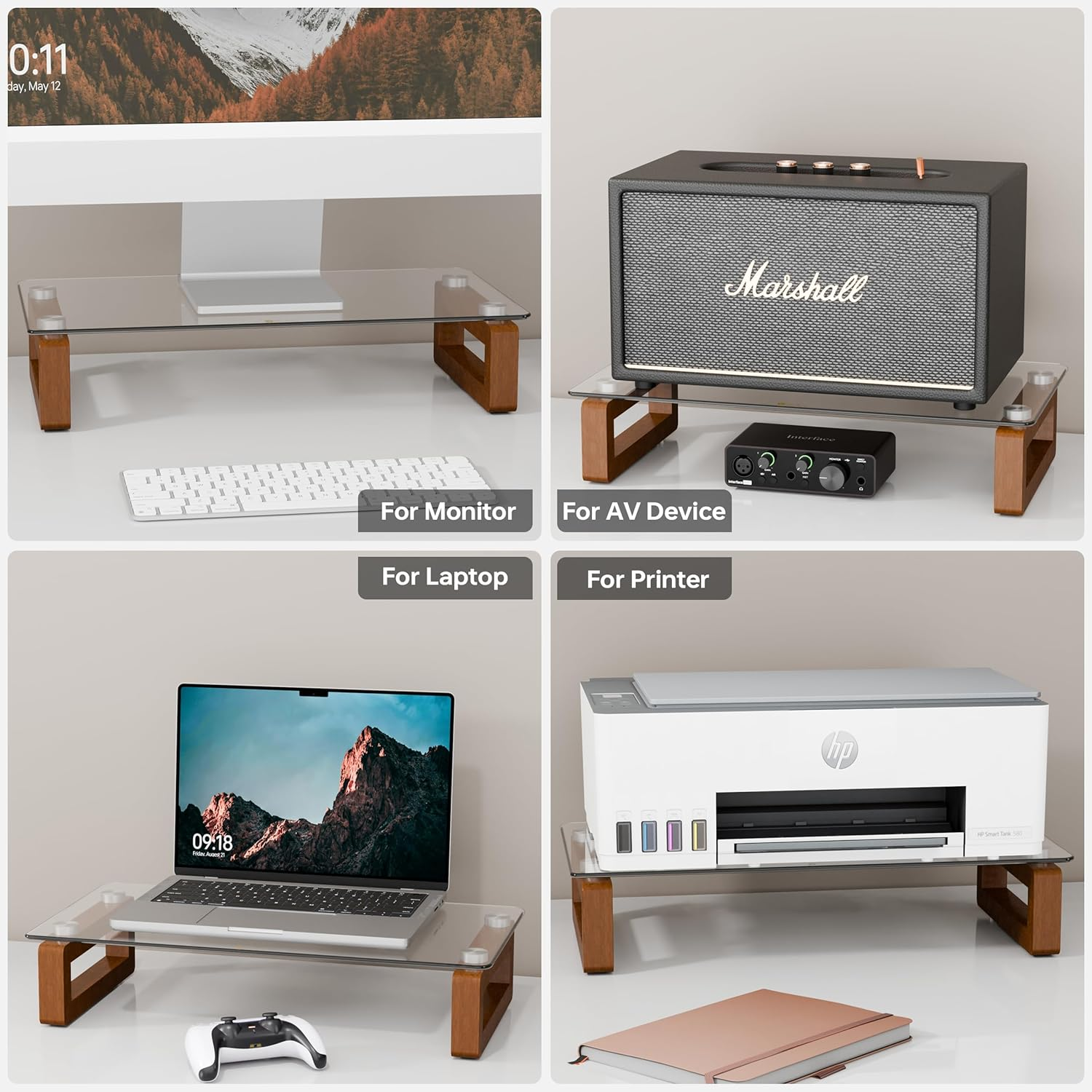 YEOUX Multi-Purpose Desktop Stand, Clear Floating Computer Monitor Riser with Natural Wood Base, Desk Organization Shelf for Printer, Laptop, Audio Device, Flat Screen (Dark Wood&Clear Glass) image number 6