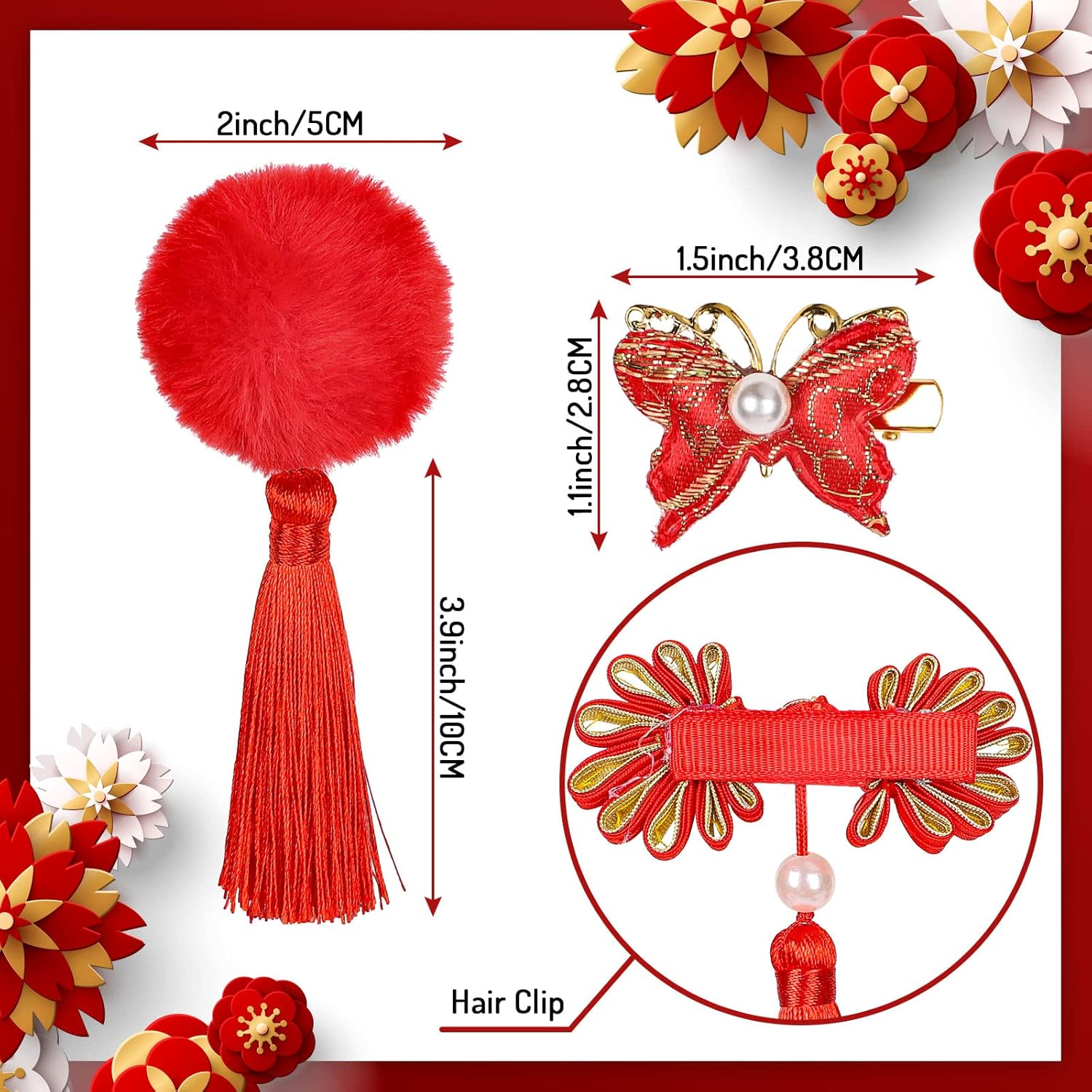 Whaline 9 Pairs Chinese New Year Hair Clip Furry Balls Hair Barrettes Baby Girls Chinese Style Hair Clips with Tassels Red Hairy Bows Butterfly Hair Pins for Girls Spring Festival Hair Accessories image number 6