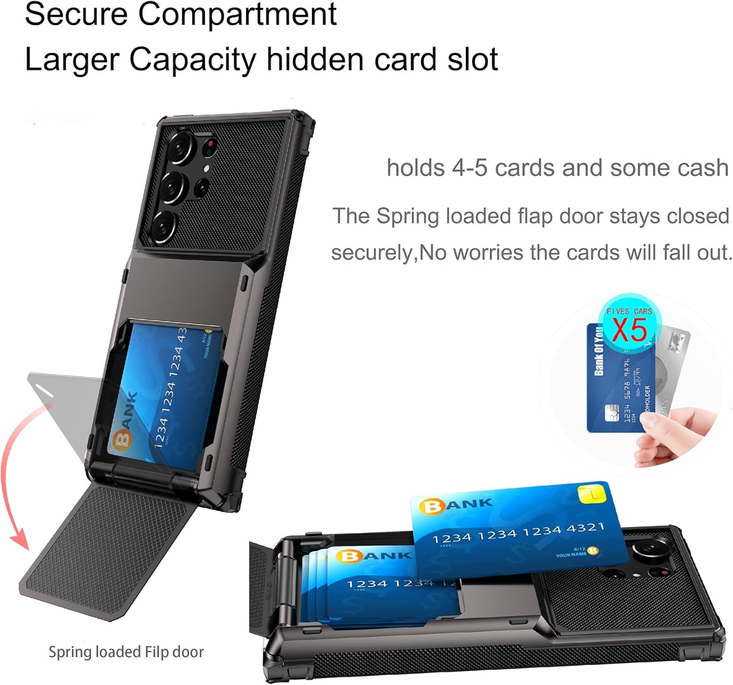 For Samsung Galaxy S23 Ultra Case with Card Holder[Store 5 Cards]Wallet Case, Rojarou S23 Ultra Case with Hidden Card Slot Heavy Dual Layer Shockproof Protective Phone Cover for Samsung S23 Ultra,Grey image number 2