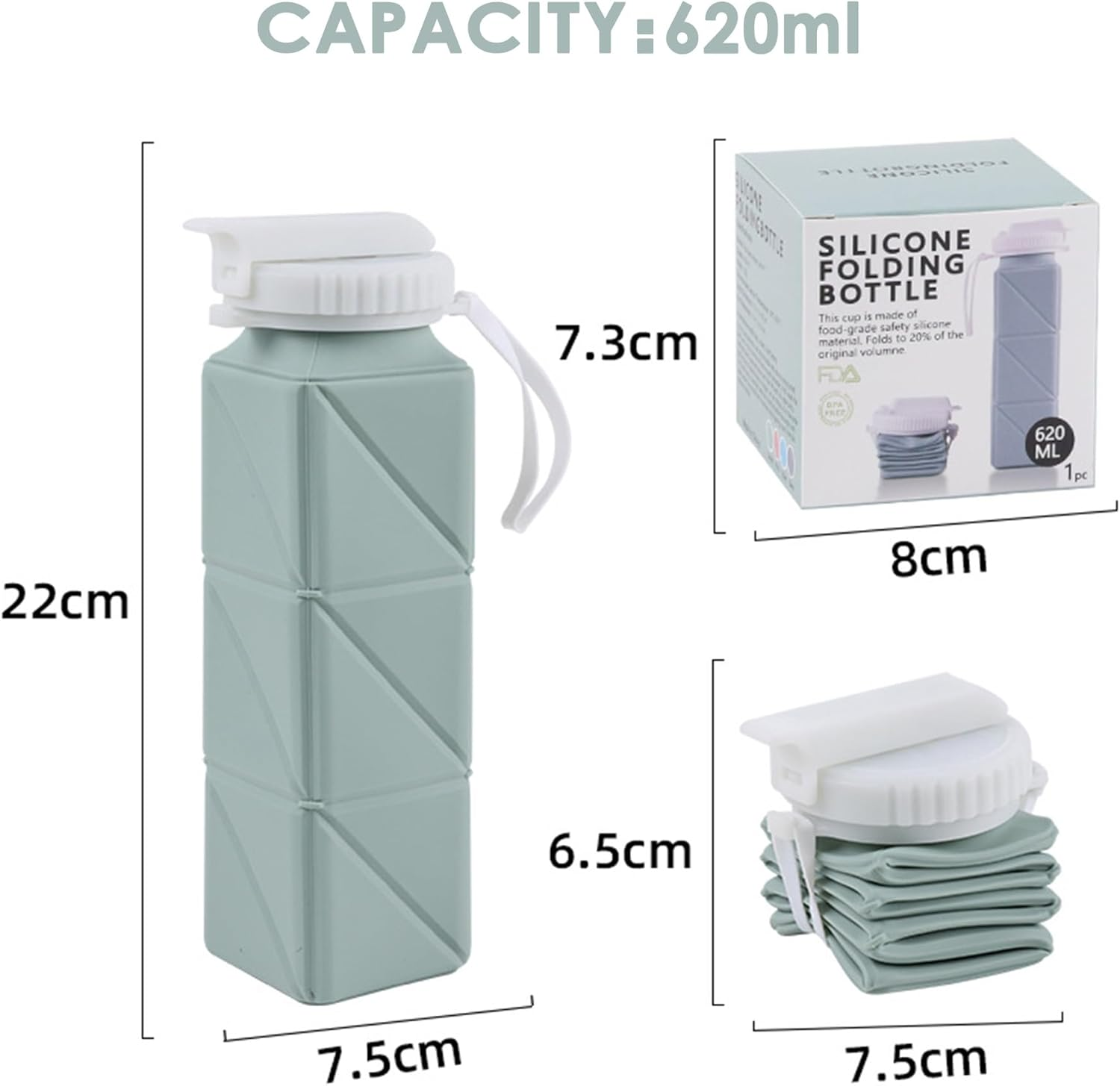 Collapsible Water Bottles with Leakproof Lid, 21Oz Silicone Travel Bottles - Leakproof Bpa-Free Foldable Travel Bottle for Travel Gym, Hiking, Sports, Camping, Biking Portable Reusable Expandable