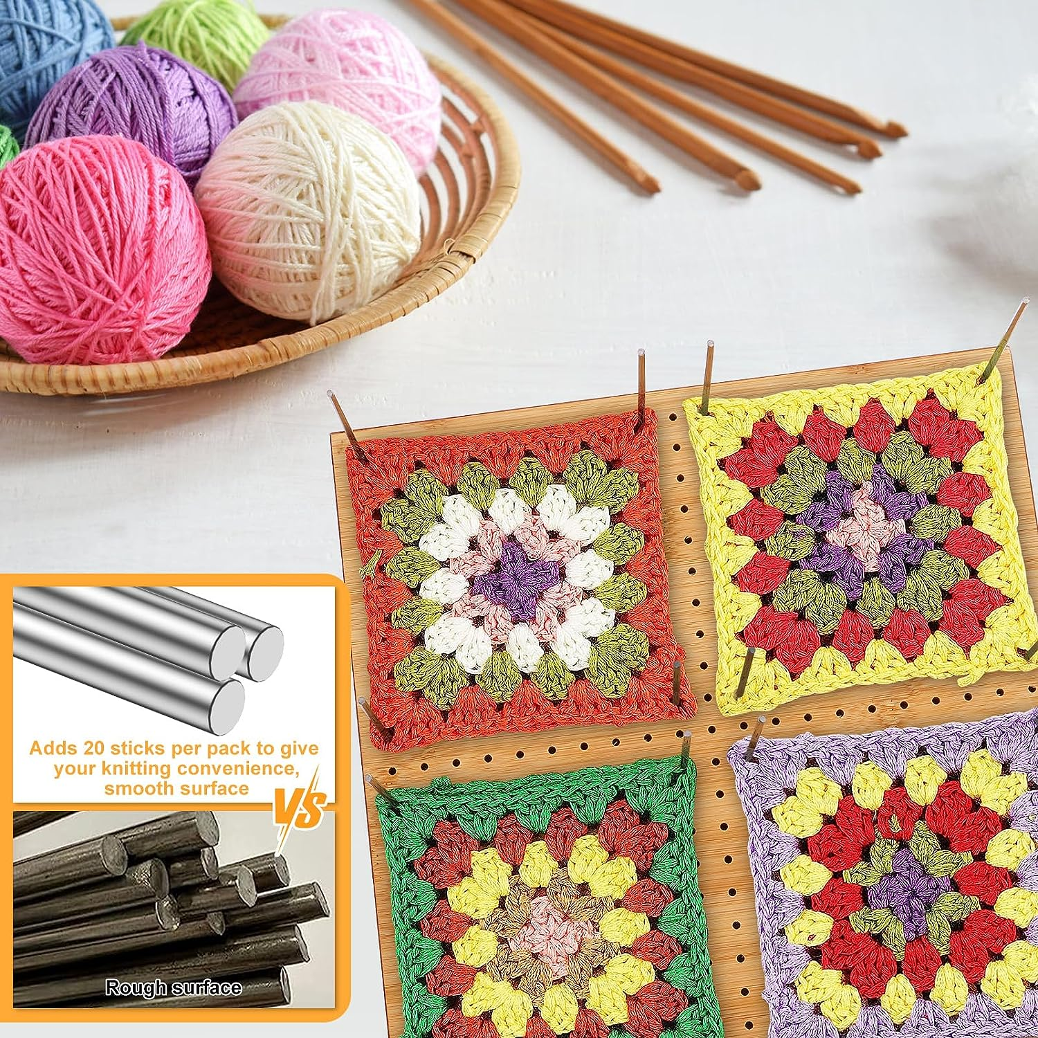 11.4Inch Crochet Blocking Board, Bamboo Wooden Knitting Blocking Mats and Pins with Adjustable Stand, Granny Square Crochet Supplies with 20 Steel Rod for Knitting and Crochet Projects (11.4Inch) - 11.4Inch image number 6