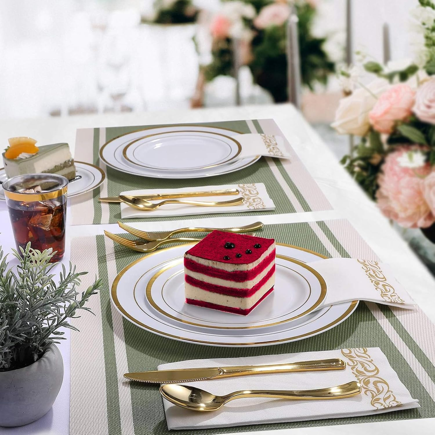 175 Pieces Gold Dinnerware Set for 25 Guests, Party Plate Sets White Plates with Gold Lace Rim Design, Including 25 Reusable Dinner Plates, Dessert Plates, Silverware Set, Cups and Napkins image number 2