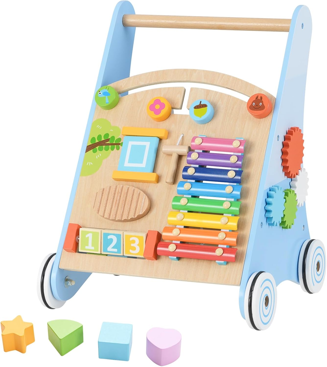 INFANS Wooden Baby Walker, Montessori Walker with Multiple Activity Toys, Storage, Push Walker Toys for Infant Learning to Walk, Sit to Stand for Boys Girls Aged 1+ Years (Pink)