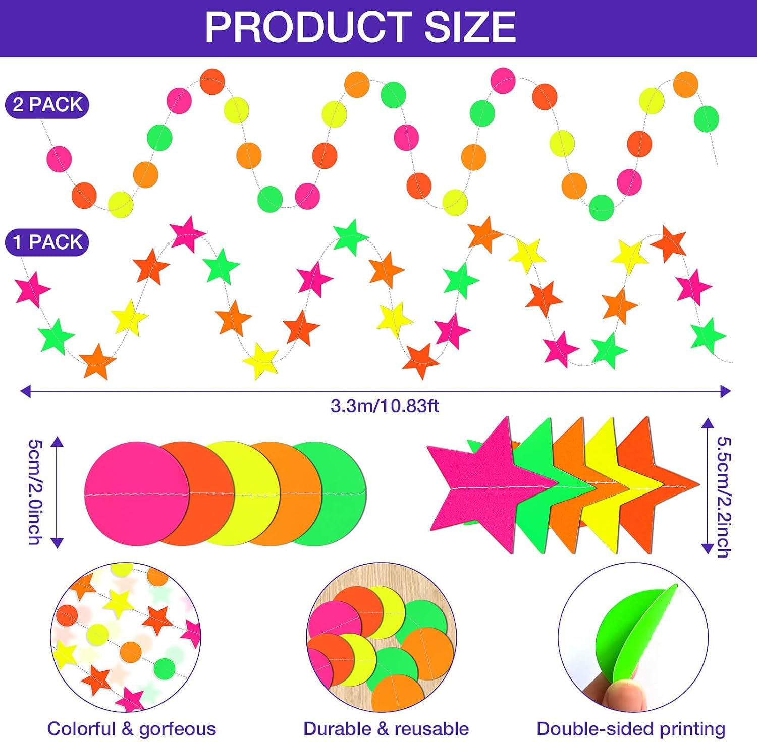 Dayker UV Neon round Garland, Star Paper Neon Streamers Banner, Reusable Blacklight Fluorescent Decorations Glow in the Dark Party, UV Reactive for Party Supplies Wedding Birthday Decor, Total 32.49Ft image number 1