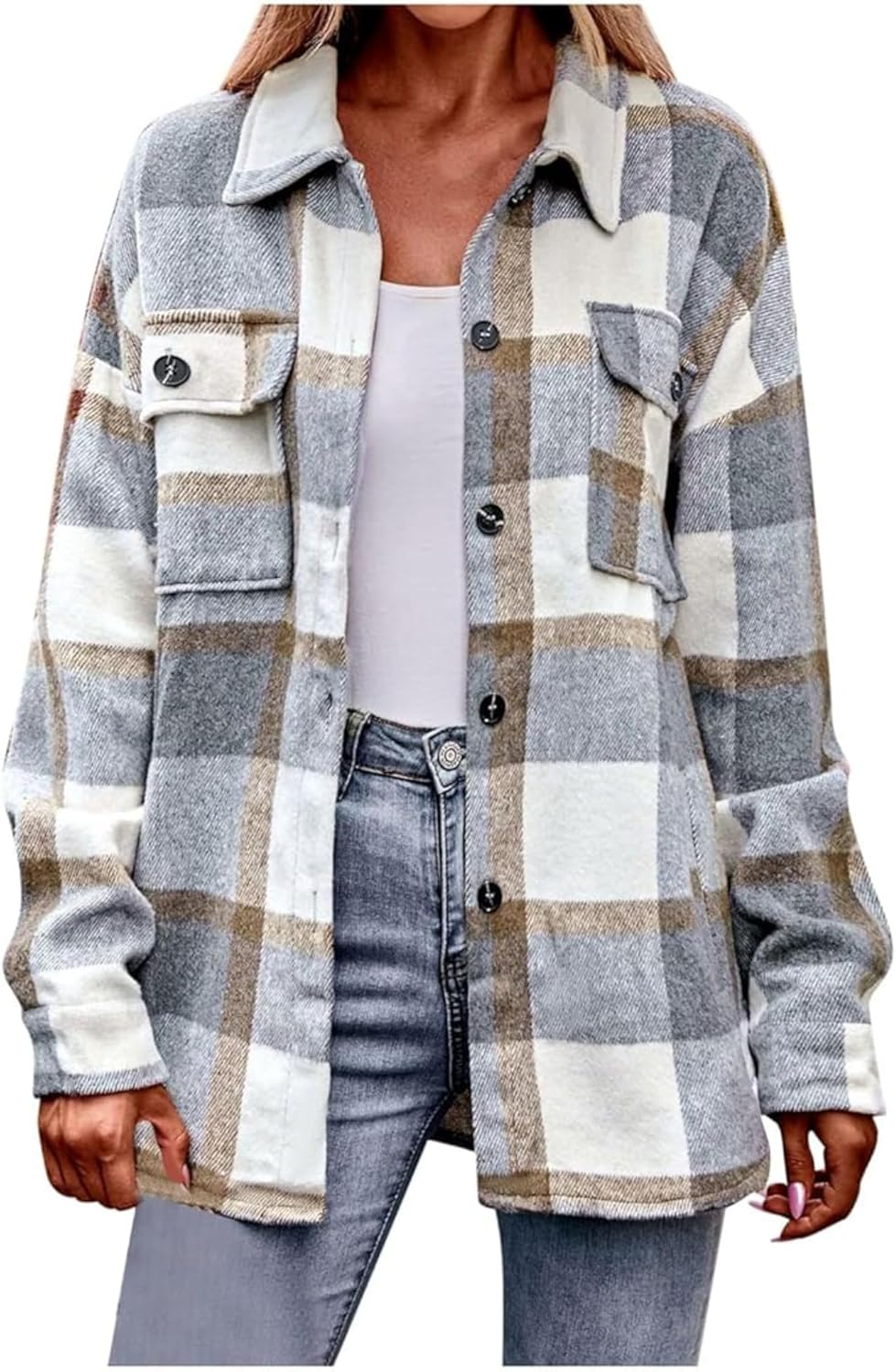 Women'S Casual Flannel Jacket Button down Shirts Jacket Coats Long Sleeve Tops with Pockets