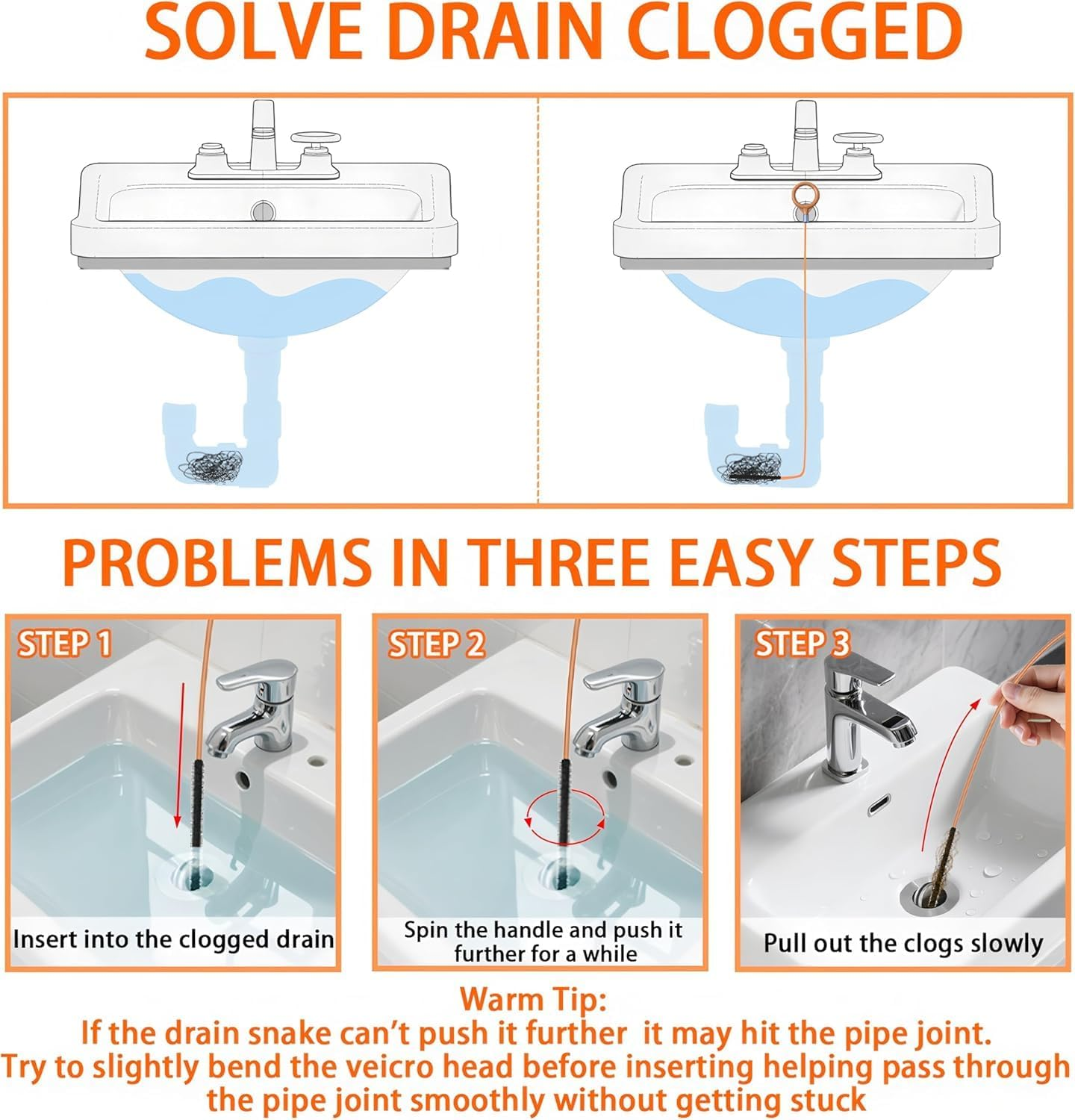 130 CM Sink Snake Hair Drain Clog Remover, Anti-Break Steel with Nylon Coating Flexible Shower Drain Cleaning Tool Plumbing Snake for Shower Drain, Kitchen Bathtub, Bathroom Sink Cleaning (3 Pack image number 3