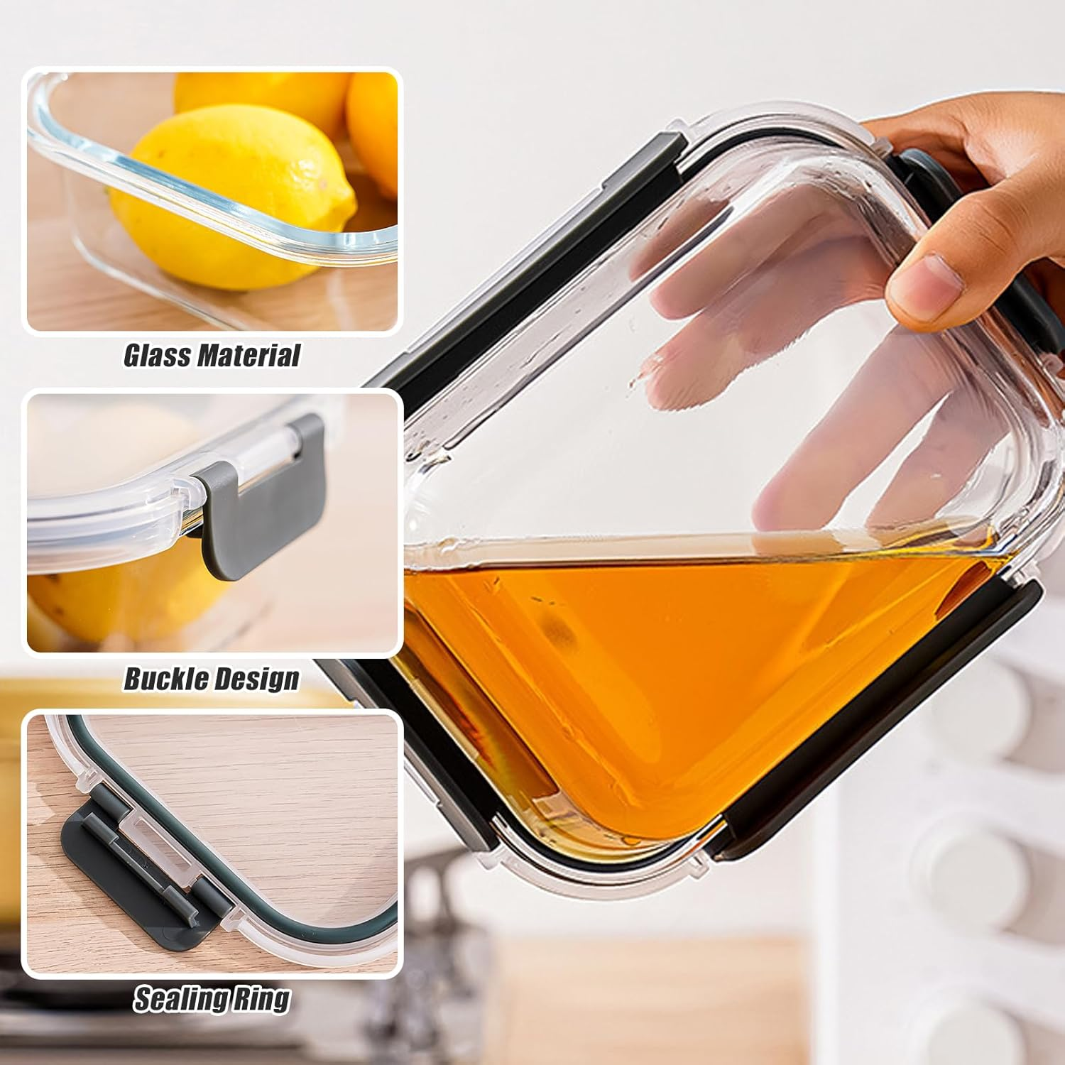 Glass Food Storage Containers(5 Pieces with Partitions,5 Pieces without Partitions),Glass Meal Prep Containers with Snap Lock Leakproof Lids,For Microwave,Freezer,Oven and Dishwasher image number 6