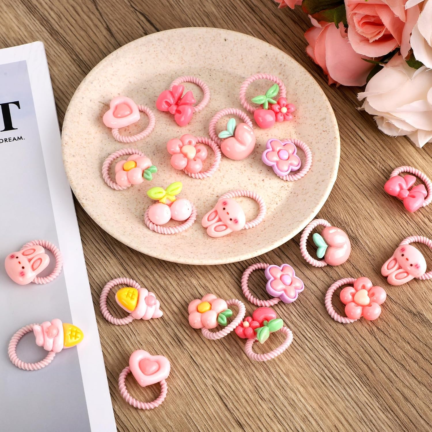 Lasuroa 20Pcs Dog Hair Bows with Rubber Bands, Pink Flower Bowknot Cherry Mix Style Cute Puppy Hair Accessories for Small Dogs Girl Hairties for Grooming and Daily Styling image number 1