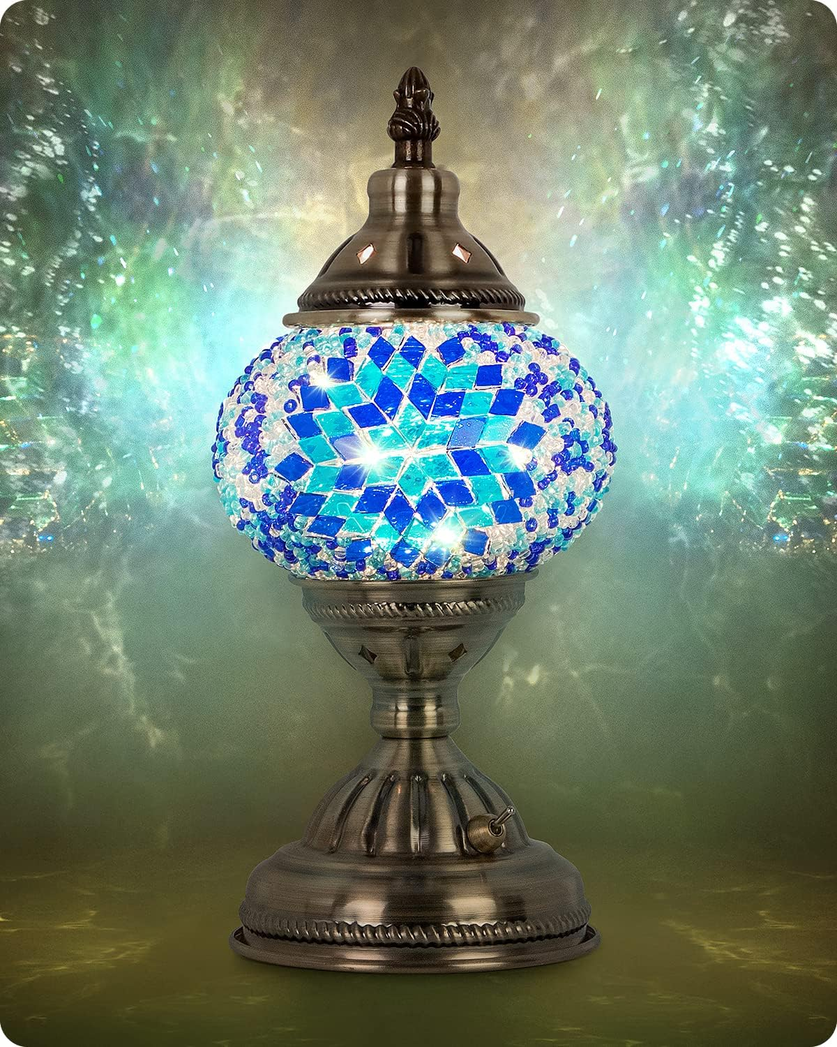 Yarra-Decor Turkish Moroccan Lamp with Bronze Base Handmade Tiffany Mosaic Glass Lamps Portable Bedside Rechargeable Battery 2000Mah (LED Bulb Included)(2) Blue2