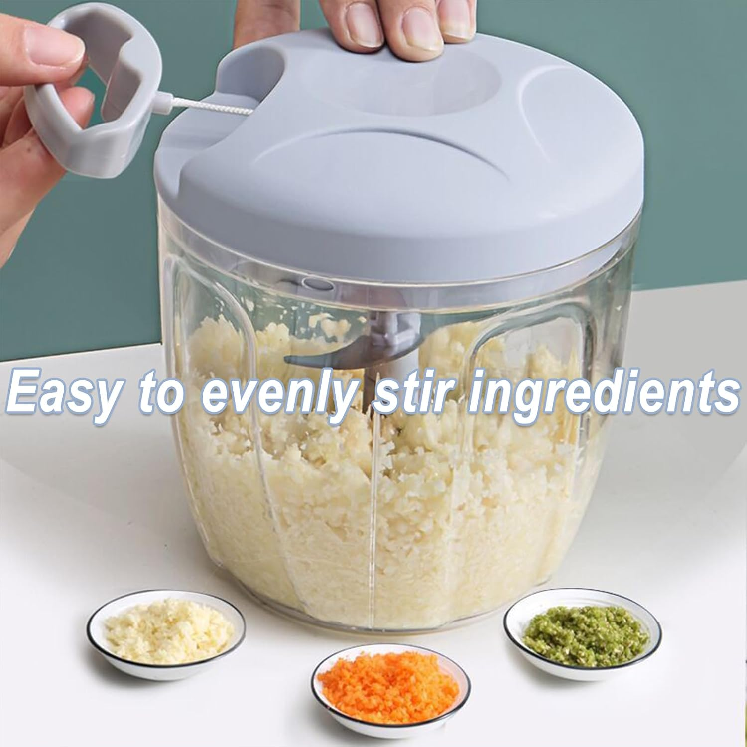 Manual Vegetable Chopper, Large Hand Pull String Food Chopper with 5 Stainless Steel Blades for Sharp and Durable (Blue, 900Ml) image number 2