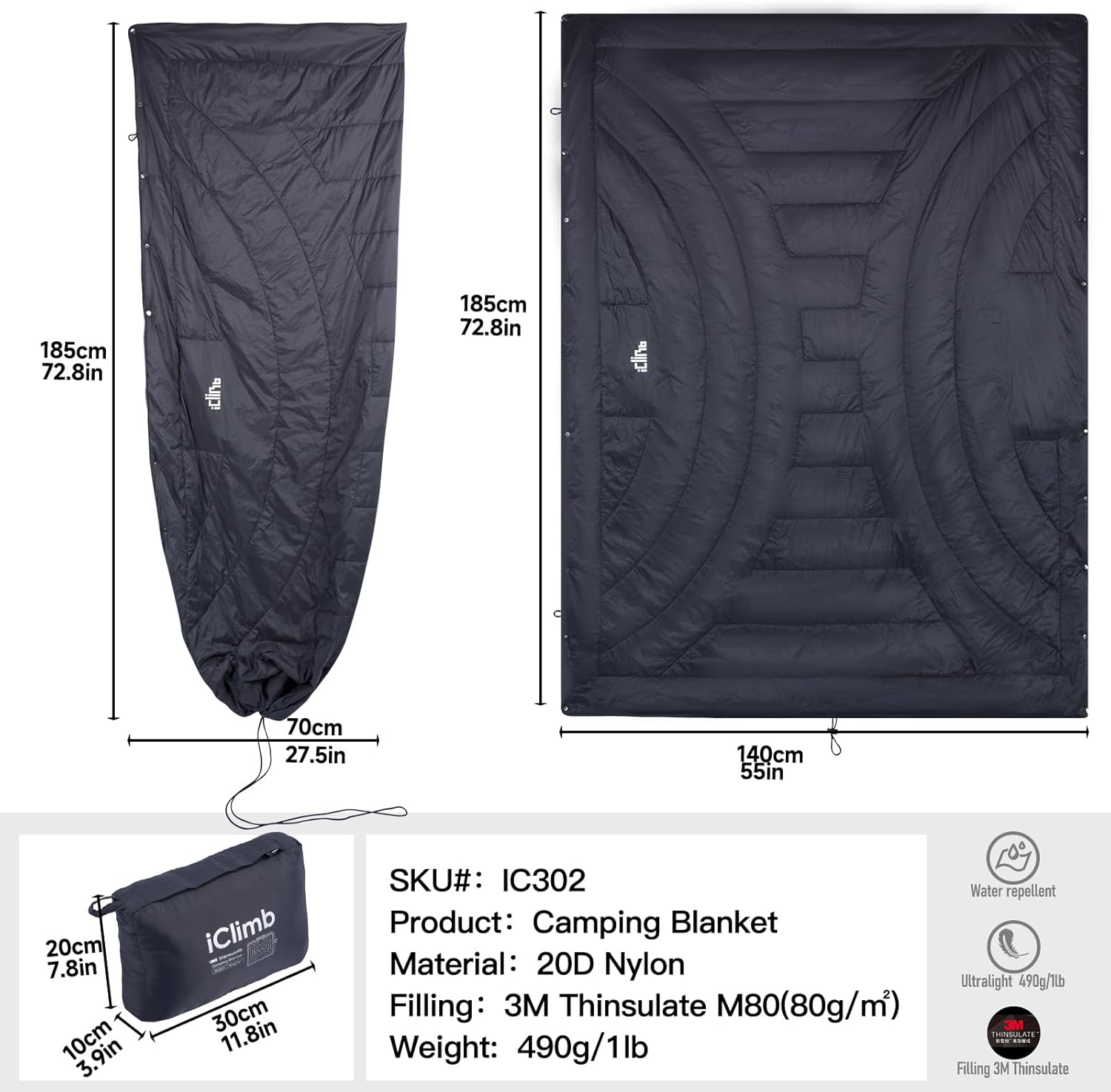 Iclimb 3M Thinsulate Insulation Warm Camping Blanket Ultralight Compact (Dark Grey) image number 7