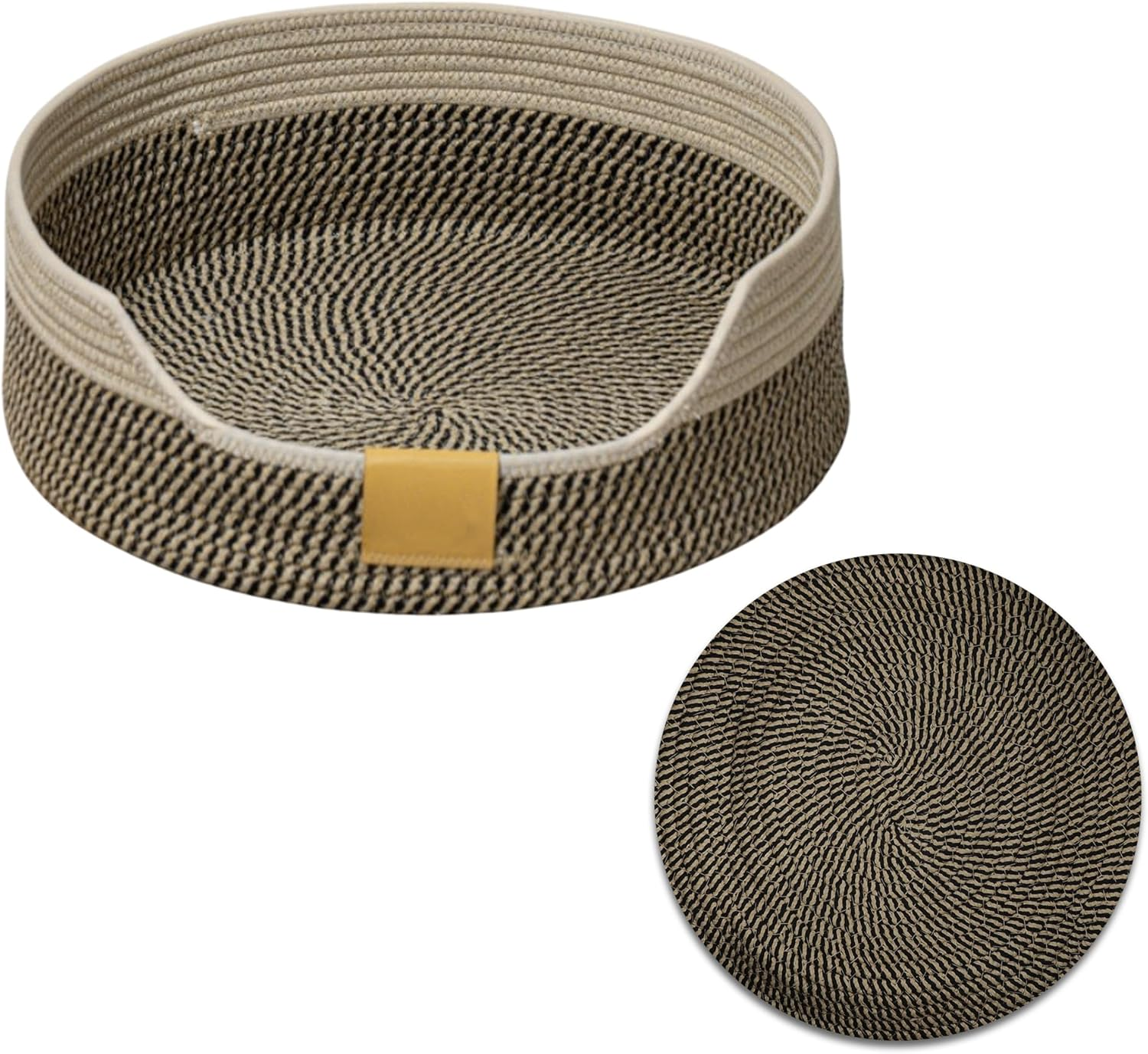 CAPASTEC Woven Cat Bed, 50 Cm Diameter, Foldable Basket Nesting Site, Breathable Pet Lounger, Claw Abrasion-Resistant Universal Kitten Bed, Black Khaki image number 1