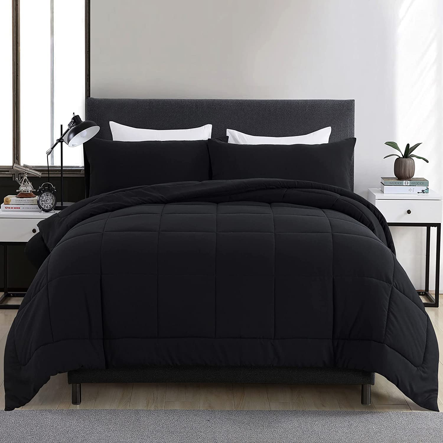 DOWNCOOL Queen Comforter Set -All Seasons Bedding Comforters & Sets with 2 Pillow Cases-3 Pieces Bed Set Queen down Alternative Comforter Set -Black Bedding Comforter Sets Queen (88X90 Inches)